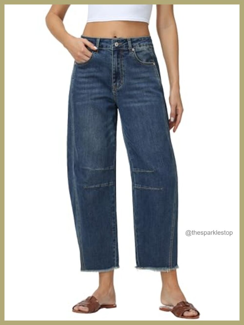 High Waisted Barrel Jeans Raw Hem Cropped Cotton Denim Pants